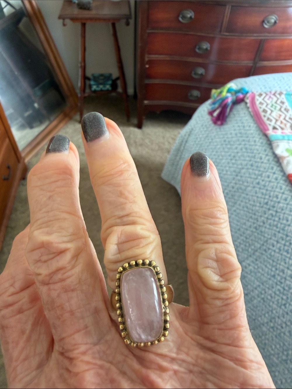Gold-Trim Rose Quartz Statement Ring - Women Jewelry